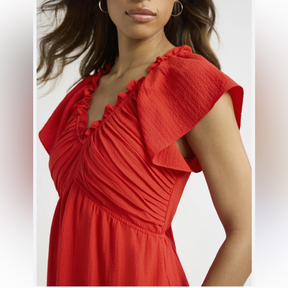 Sofia by Sofia Vergara Vibrant Red Maxi Dress On Off Shoulder Ruffle Trim Size L - Picture 4 of 11